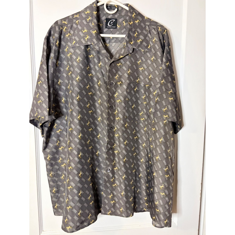 Claudio Nucci Mens XXL Grey Gold Horse Equestrian Print ShortSleeve Button Shirt
